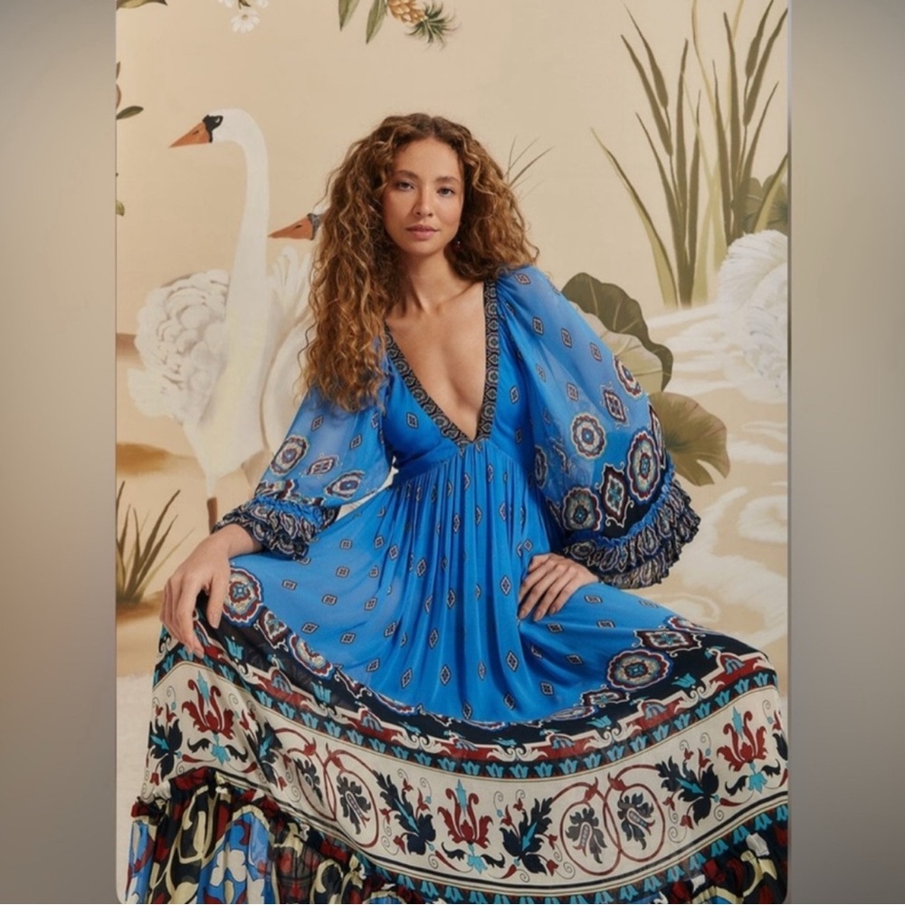 FARM Rio Vibrant Blue Maxi Dress with Intricate Patterns - never worn size small